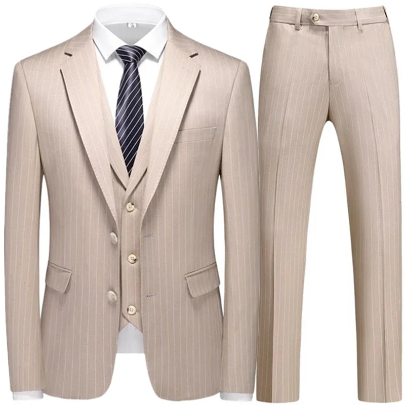 Color: Khaki, Size: 6XL - 3 Pcs Fashion New Men Leisure Boutique Business Plaid Striped Suit Vest Pants Set Casual Dress Blazers Jacket Coat Trosers