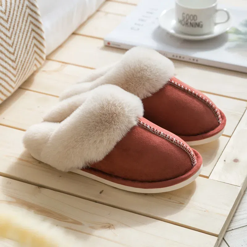 Color: Red, Shoe Size: 36 - Women's Faux Fur Slippers 2024 New Warm Thicked Plush Bedroom Sandals Woman Comfort Soft Sole Home Couple Winter Shoes Slides