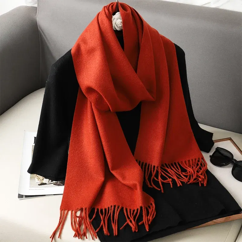Color: Orange - New 62 Color Winter Scarf For Women Long Warm Cashmere Scarves Hijab Solid Lady Shawl Wrap Female Pashmina Bandana Head Scarfs