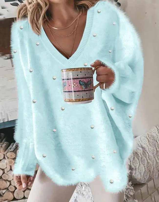 Color: green, Size: L - Korean Style Lazy Women's Sweater 2024 Autumn Ribbed Knitted Pullover V-Neck Pearl Long Sleeved Fluffy Top Women's Loose Sweater