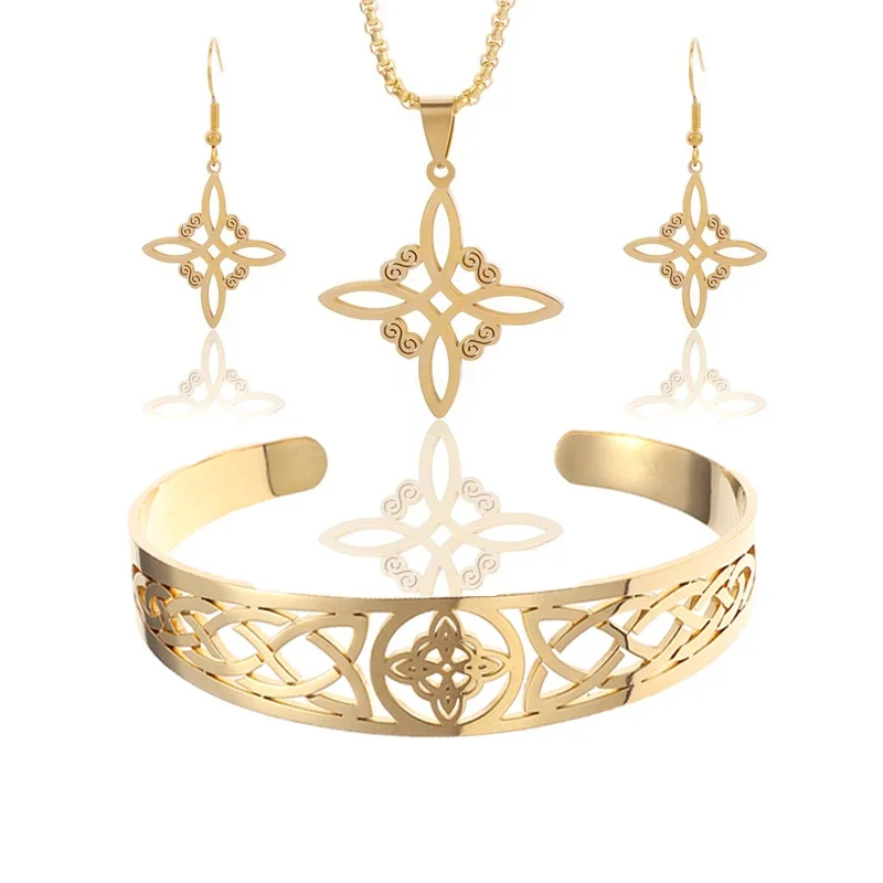 Metal color: Silver Plated - Witch Knot Cuff Stainless Steel Pagan Witchcraft Symbols Magic Knot Women\'s Good Luck Amulet Bracelet Celtic Knot Bracelet