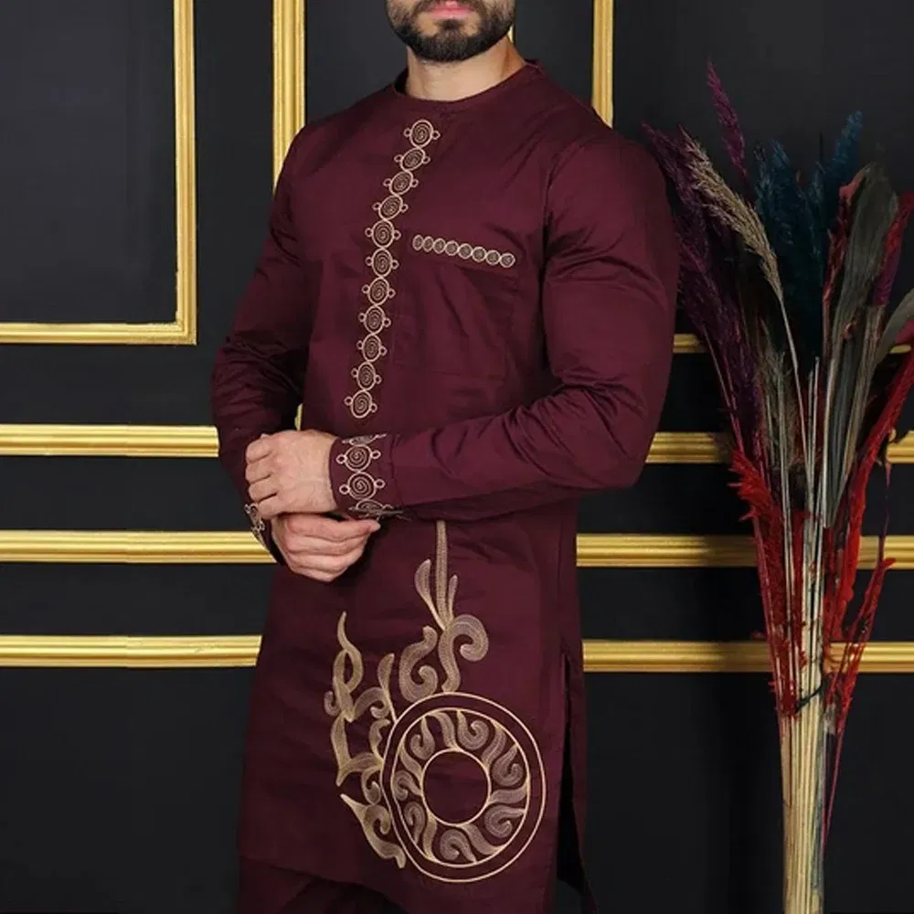 Color: Yellow, Size: XL - New Kaunda Boutique Men's Set Fashionable Red Luxury Grand Round Neck Embroidery Slim Fit Two Piece Wedding Festival Set