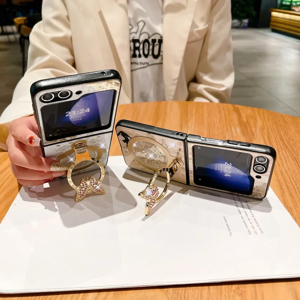 Material: Aluminum, Color: WHITE - For Samsung Galaxy Z Flip 5 4 3 5G MagSafe Magnetic Phone Case Stand Holder Glitter Bling Diamond 3D Ring Cover For Z Flip5 4 5G