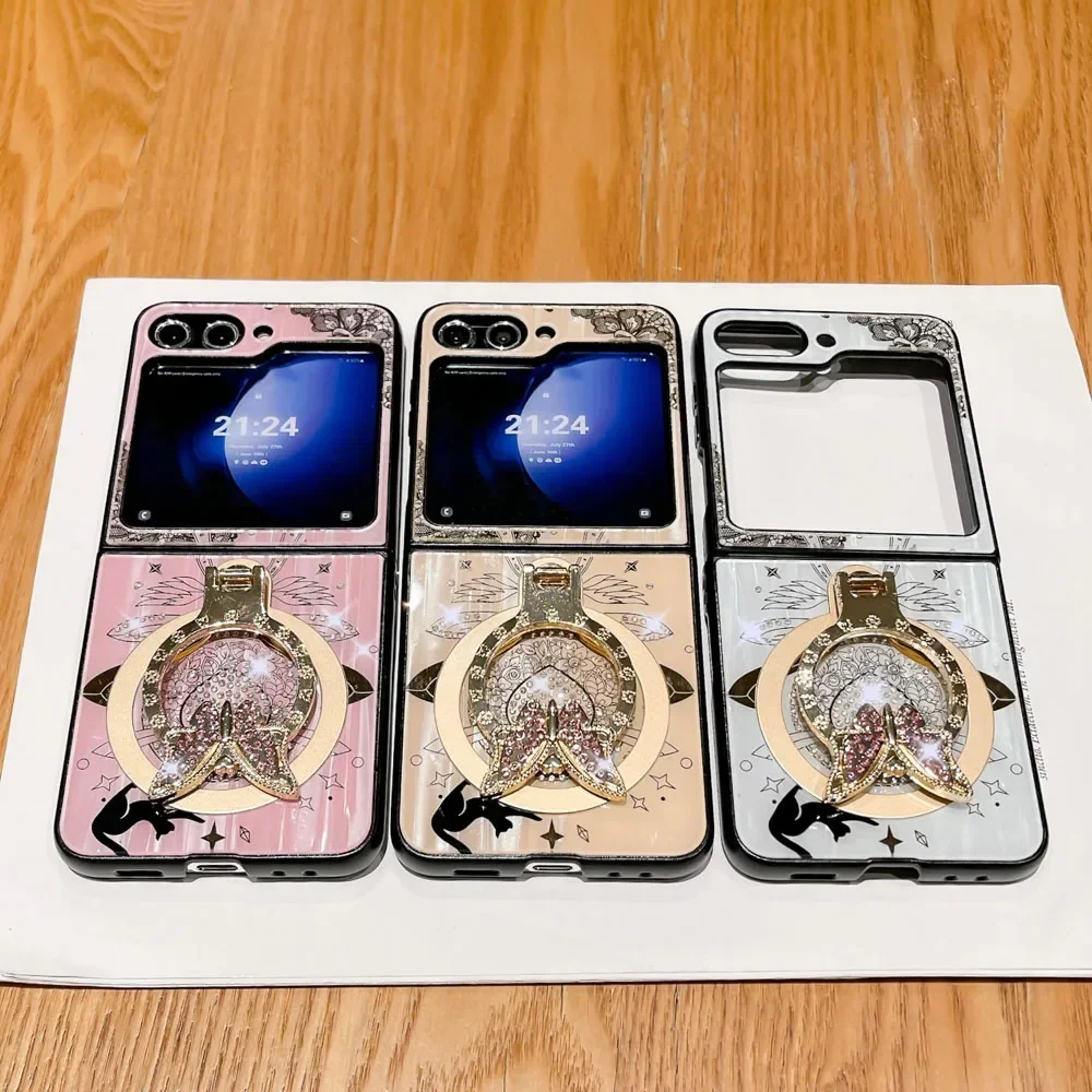 Material: Aluminum, Color: WHITE - For Samsung Galaxy Z Flip 5 4 3 5G MagSafe Magnetic Phone Case Stand Holder Glitter Bling Diamond 3D Ring Cover For Z Flip5 4 5G