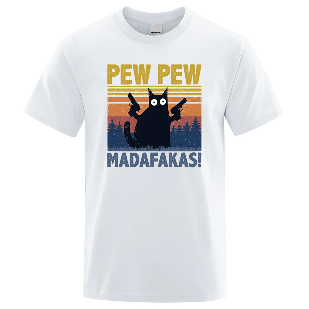 Color: WHITE, Size: S - Pew Pew Madafakas Tshirt Men Short Sleeve Novelty Funny Cat T Shirt Cotton Oversize Tops Shirts Tee T-Shirt Crew Neck Streetwear
