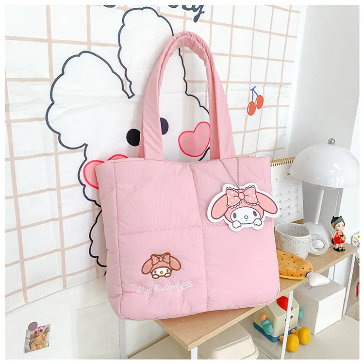 Color: SKY BLUE, Size: Extra Large - 2024 New Sanrio Handbag Cartoon Cute Down Fabric Kuromi Tote Bag Shoulder Pacha Dog Cute Stationery Bag Large Capacity Handbag