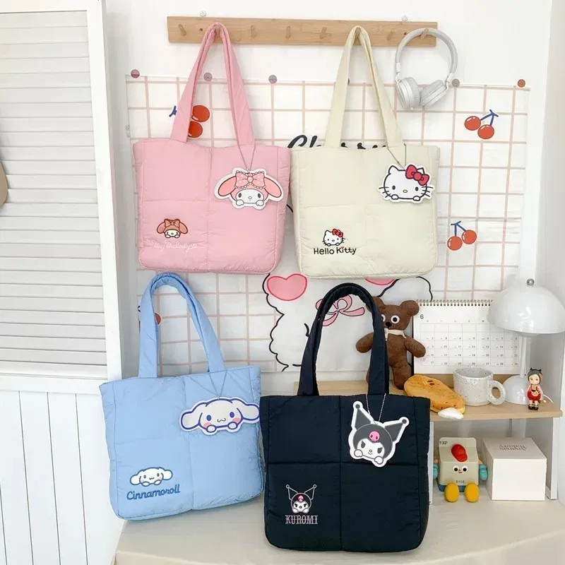 Color: SKY BLUE, Size: Extra Large - 2024 New Sanrio Handbag Cartoon Cute Down Fabric Kuromi Tote Bag Shoulder Pacha Dog Cute Stationery Bag Large Capacity Handbag