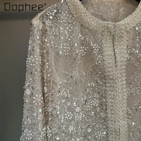Luxury Beading Coat Women Heavy Industry Sequined See Through Long Sleeve Round Collar Short Tops Summer Fashion Trendy