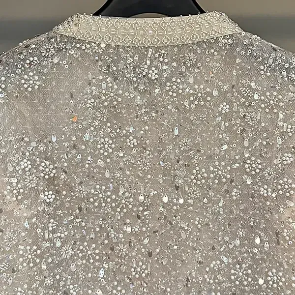Luxury Beading Coat Women Heavy Industry Sequined See Through Long Sleeve Round Collar Short Tops Summer Fashion Trendy