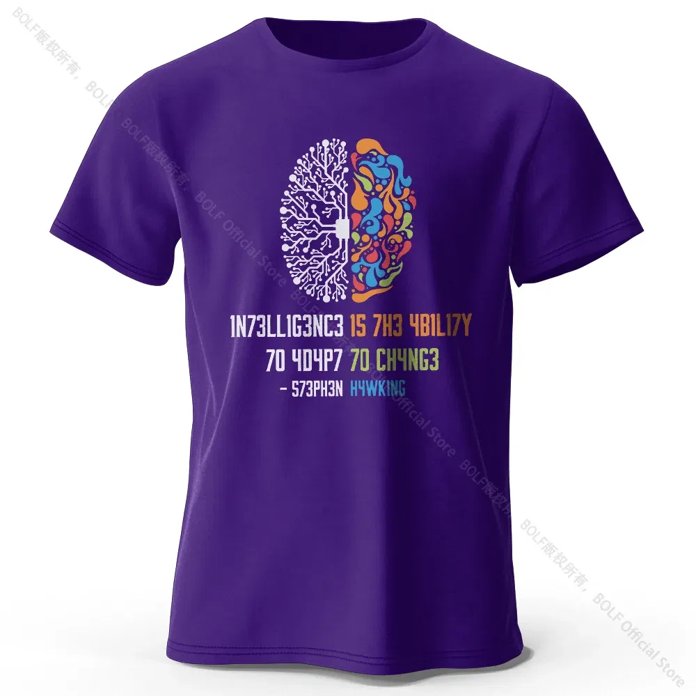 Color: PURPLE, Size: L - Funny Brain Power Printed 100% Cotton T-Shirt, Soft & Breathable Round Neck Short Sleeve Tee, Unisex Quirky Style