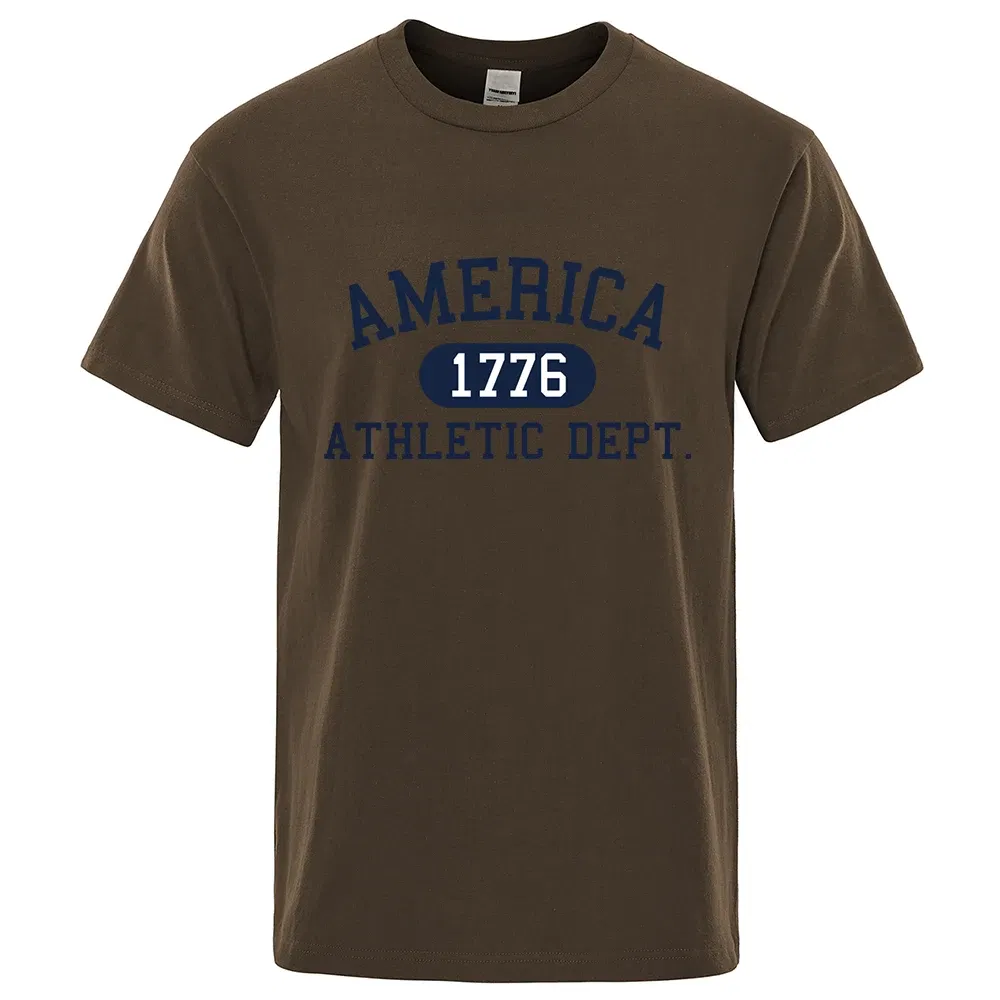 Color: Blue, Size: M - America 1776 Athletic Dept Letter Tshirt Man Fashion Tee Clothes Summer Luxury T-Shirt Hip Hop Breathable Cotton Tee Clothes