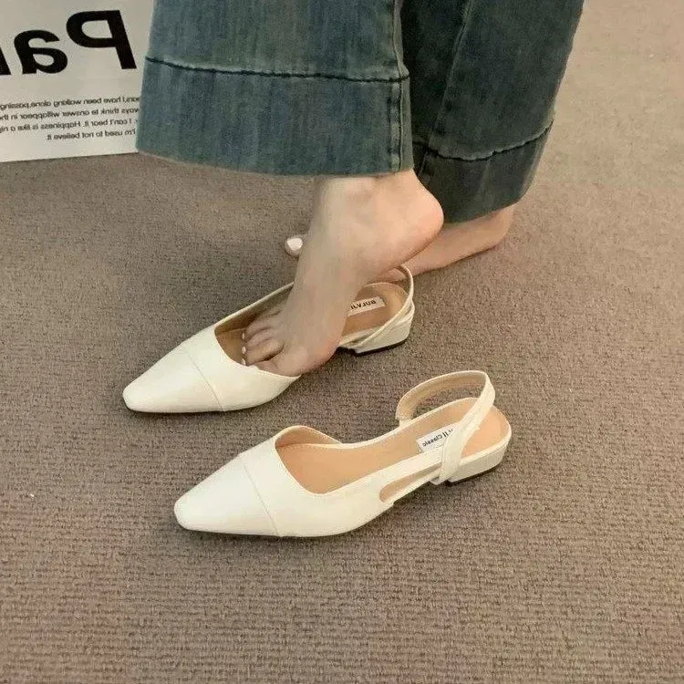 Color: WHITE, Shoe Size: 36 - 24Low Heel Baotou Sandals Women's French Nude Color Pointed Small Fragrant Style Ladies Thick Heels Back Air Style Single Shoes
