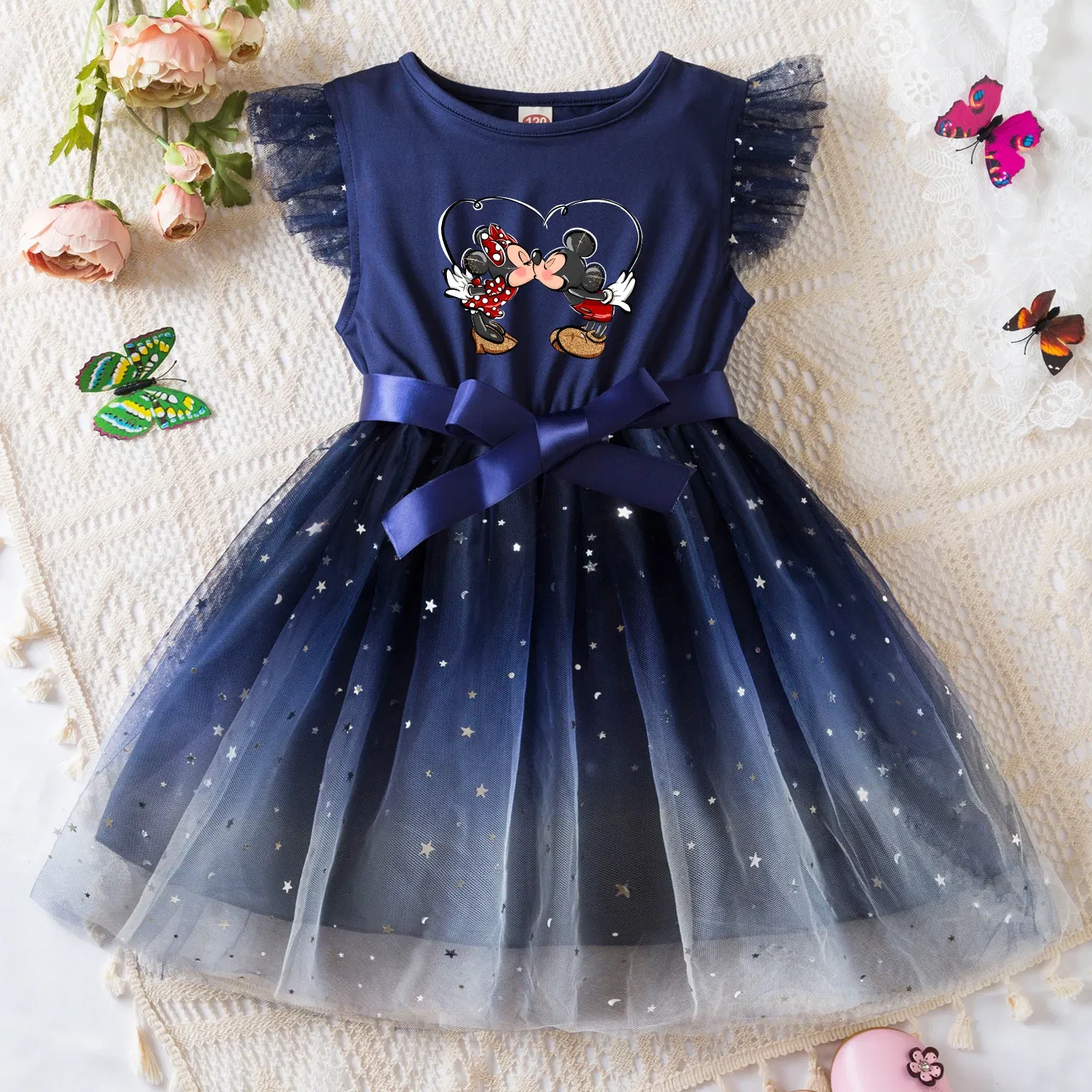 Color: Turquoise, Size: M - Mickey Minnie Mouse Girls Summer Clothes Flying Sleeves Bow Sequin Dress 2-6Y Kid Birthday Tutu Princess Dress for Baby Girl