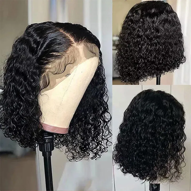 Density: 180%, Stretched Length: 8inches, Lace Wig Type: PART - Deep Wave 180% Density Pre-Plucked Side Part Short Bob 13*4 Lace Frontal Brazilian Virgin Human Hair Wigs For Black Woman