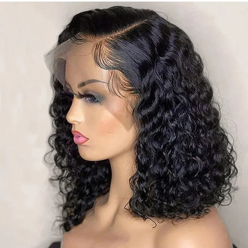 Density: 180%, Stretched Length: 8inches, Lace Wig Type: PART - Deep Wave 180% Density Pre-Plucked Side Part Short Bob 13*4 Lace Frontal Brazilian Virgin Human Hair Wigs For Black Woman