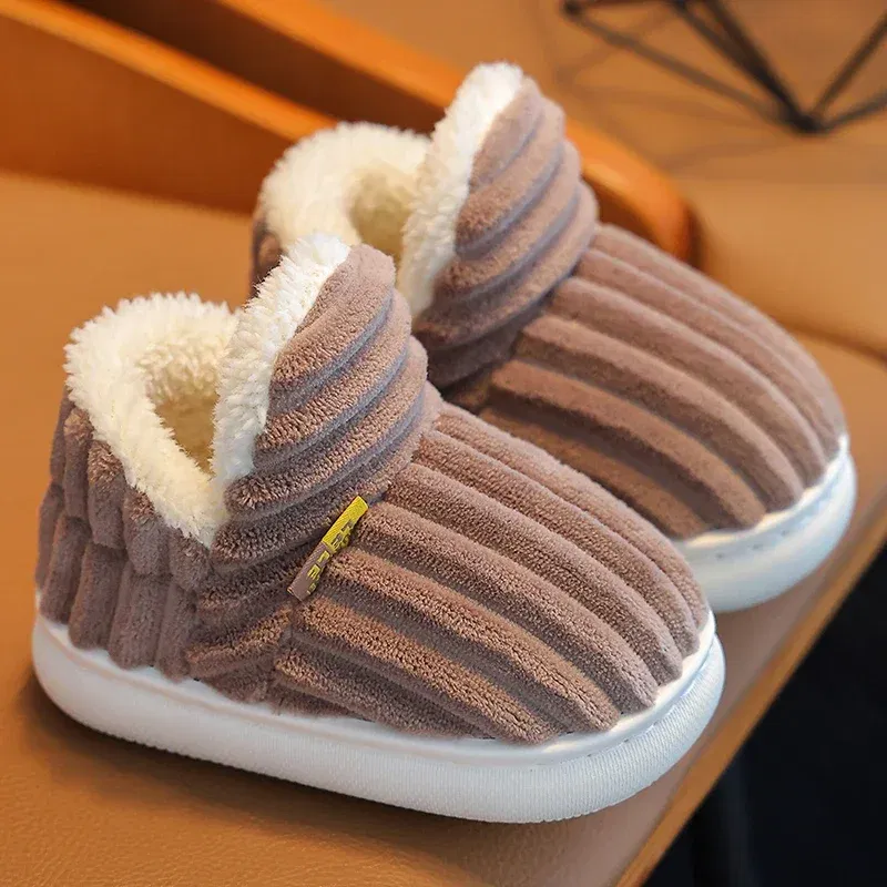 Color: Chocolate, Shoe Size: 2 - New Winter Concise Stripe Plush Slippers Children's Non-slip Soft Sole Kids Boys Girls Heel Wrap Warm High Home Cotton Shoes