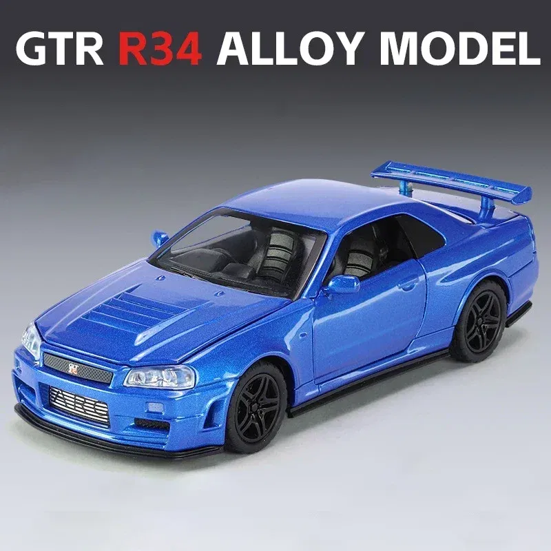 Color: Blue - 1:32 Nissan Skyline Ares GTR R34 Alloy Sports Car Model Diecast Metal Toy Racing Car Model Simulation Sound Light Childrens Gift