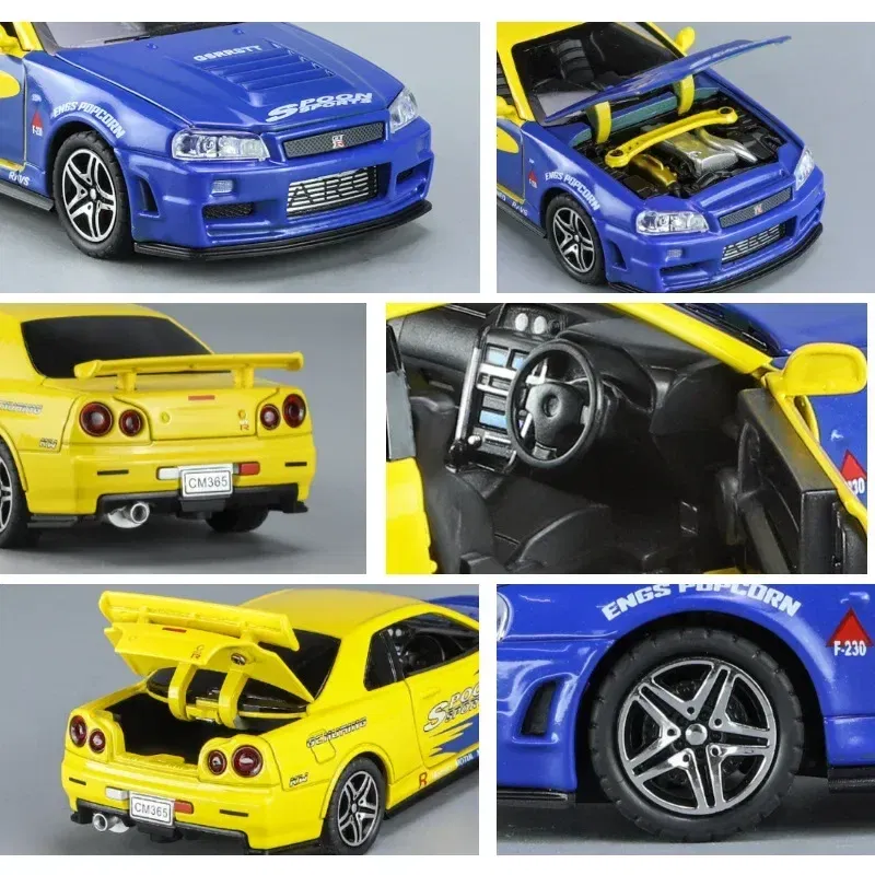 Color: Blue - 1:32 Nissan Skyline Ares GTR R34 Alloy Sports Car Model Diecast Metal Toy Racing Car Model Simulation Sound Light Childrens Gift