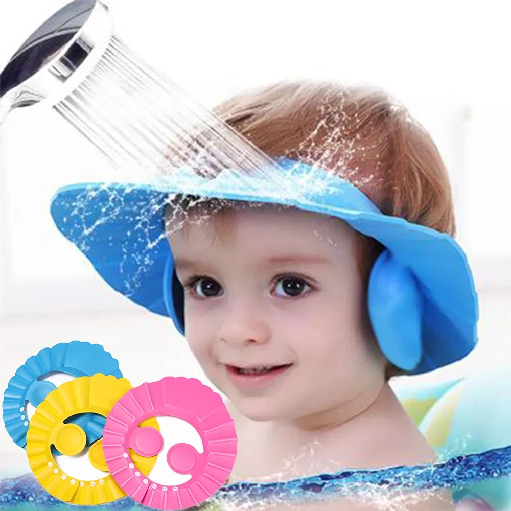 Color: WHITE - Baby Shower Soft Cap Adjustable Hair Wash Hat for Kids Ear Protection Safe Children Shampoo Bathing Shower Protect Head Cover