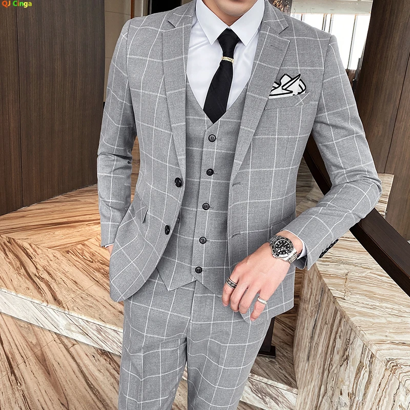 Color: Blue, Size: S - Gray Men Classic Striped/Checked Suits, Business Office 3 Piece, Asian Size Slim Fit Men Dress Jacket & Pants with Vest, S-4XL