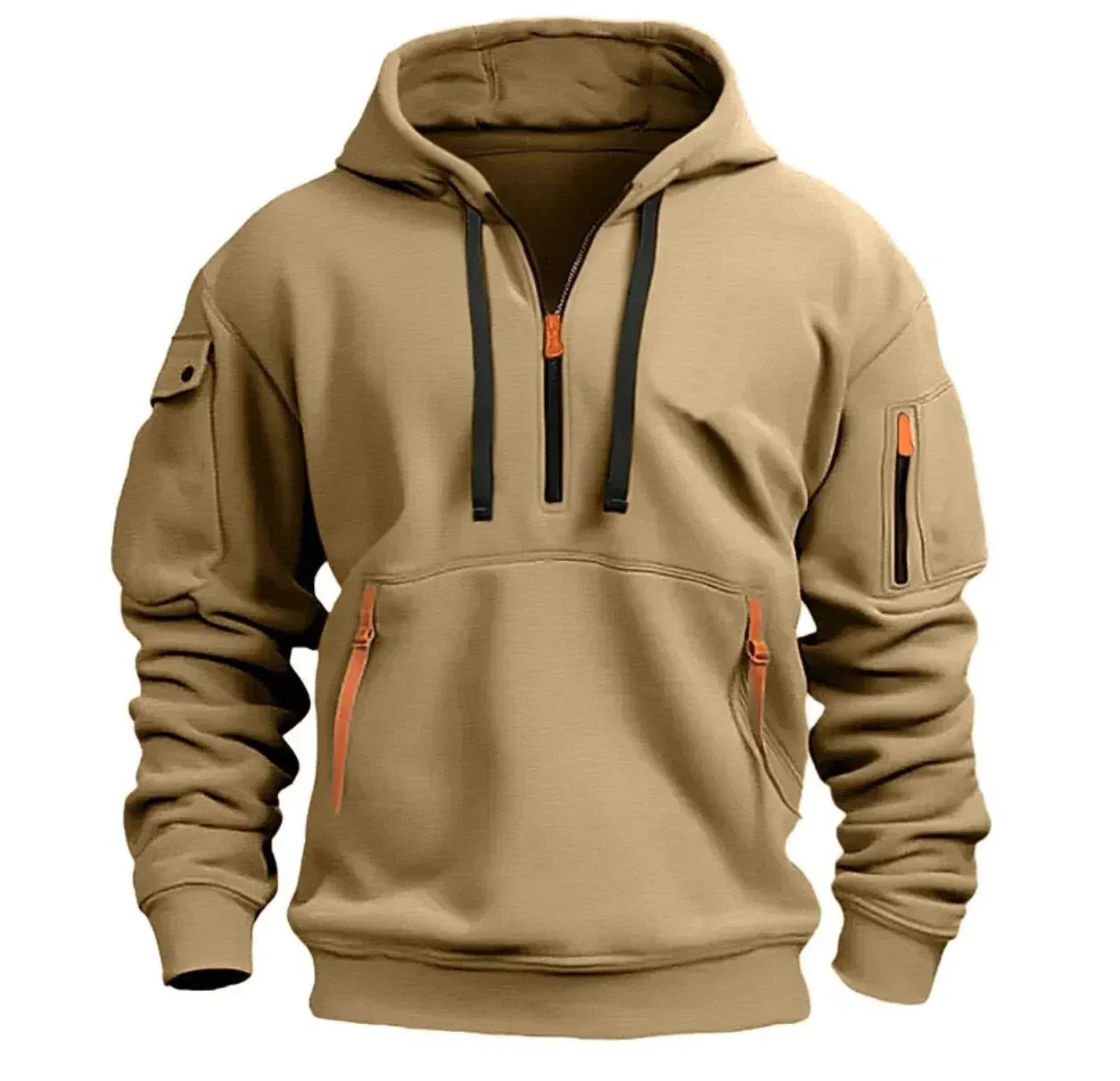 Color: GRAY, Size: L, Sale by Pack: Pack of 1, Ships From: CHINA - New hoodie men zipper multi pocket hoodie Spring  Winter Fleece Warm Sweatshirt Fashion Streetwear Sports Hoody Solid Pullover