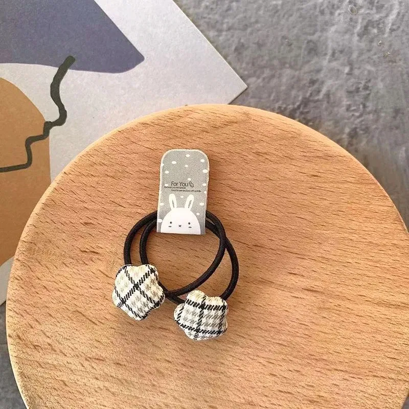 Color: Pink - 2pcs Velvet Heart Plaid Star Button Elastic Hair Bands Rubber Hair Rope Tie Girls Hair Scrunchie Ponytail Holder Gum Accessories