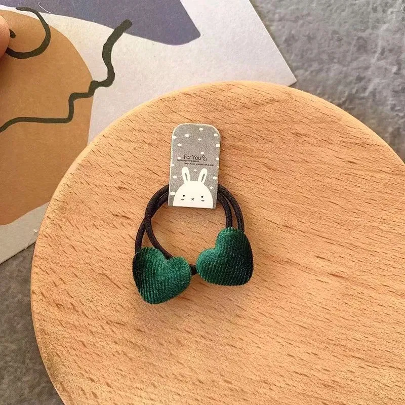 Color: Pink - 2pcs Velvet Heart Plaid Star Button Elastic Hair Bands Rubber Hair Rope Tie Girls Hair Scrunchie Ponytail Holder Gum Accessories