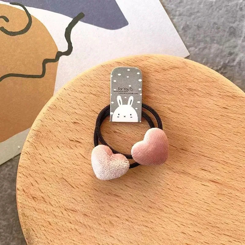 Color: Pink - 2pcs Velvet Heart Plaid Star Button Elastic Hair Bands Rubber Hair Rope Tie Girls Hair Scrunchie Ponytail Holder Gum Accessories