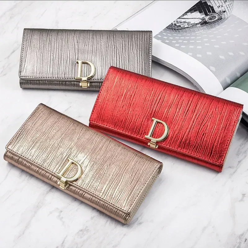 Color: Beige - 2025 Design Women Long Wallets Fashion Long Phone Purse Luxury Genuine Leather Ladies Card Holder Stripe Wallet Cartera De Mujer