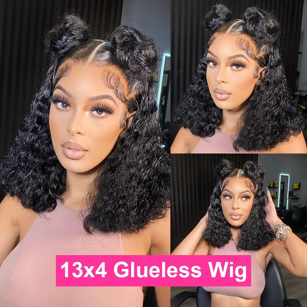 Hair Color: #1B, Ships From: United States, Stretched Length: 10inches, Density: 180% - Water Wave Bob Wig Glueless Preplucked Human Wigs Ready To Go 13x4 Frontal Brazilian Wigs HD Transparent Lace Wig Deep Curls