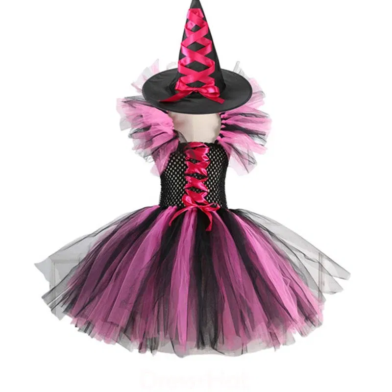 Color: Yellow, Kid Size: 11 - Halloween Witch Tutu Dress for Girls Handmade Mesh Bat Wizard Cosplay Costumes with Hat Broom Toddler Evil Party Clothes Set