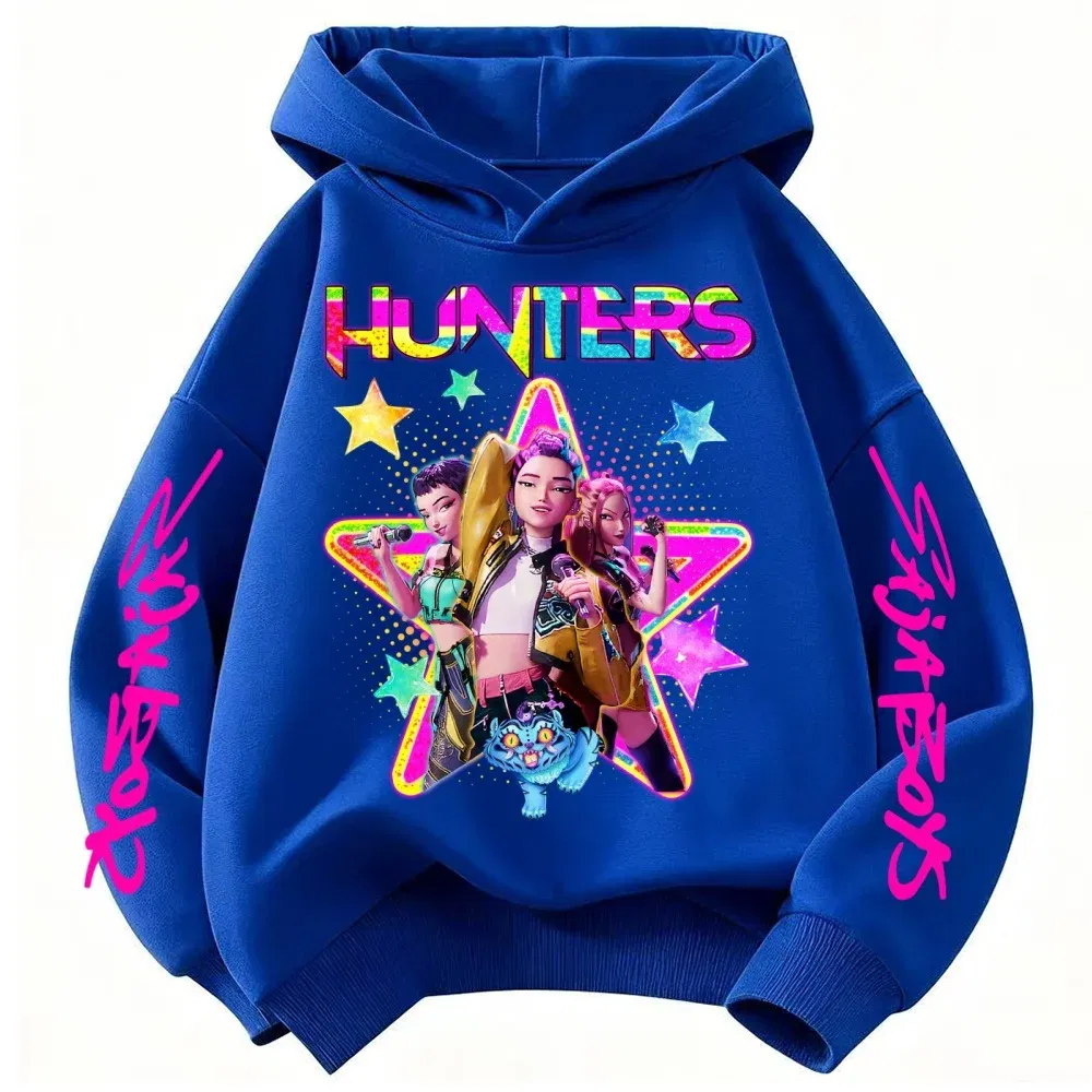 Color: Blue, Kid Size: 4 - KPop Demon Hunters Huntrix Girls Sweatshirts Spring Fall Boys Children Hoodies Long Sleeves T-shirt Jacket Toddler Kids Clothes