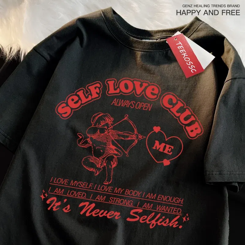 Color: Dark Grey, Size: XL - Self Love Club Fun Cupid Men Women T Shirts Breathable Street Tee Clothes Cotton Summer Fashion Loose Casual Oversized T Shirt