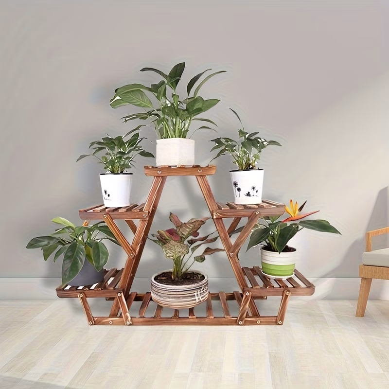 wisfor 6-Tier Wooden Plant Stand – Stylish Carbonized Wood Display Rack for Indoor and Outdoor Use