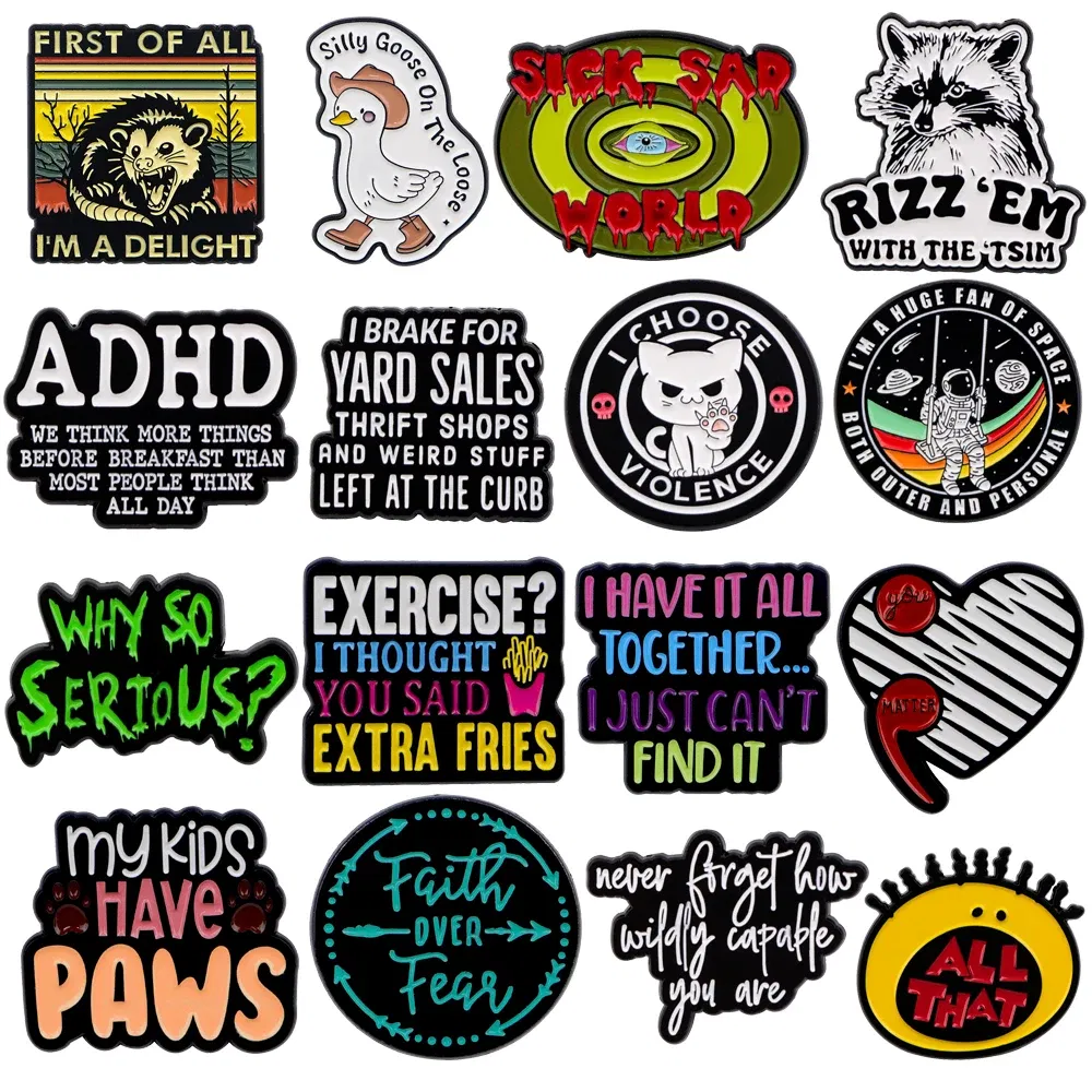 Metal color: Rhodium Plated - Cartoon Duck Possum Quotation Lapel Pins for Backpack Metal Enamel Pin Brooch on Clothes Men Women Badges Accessories Gift