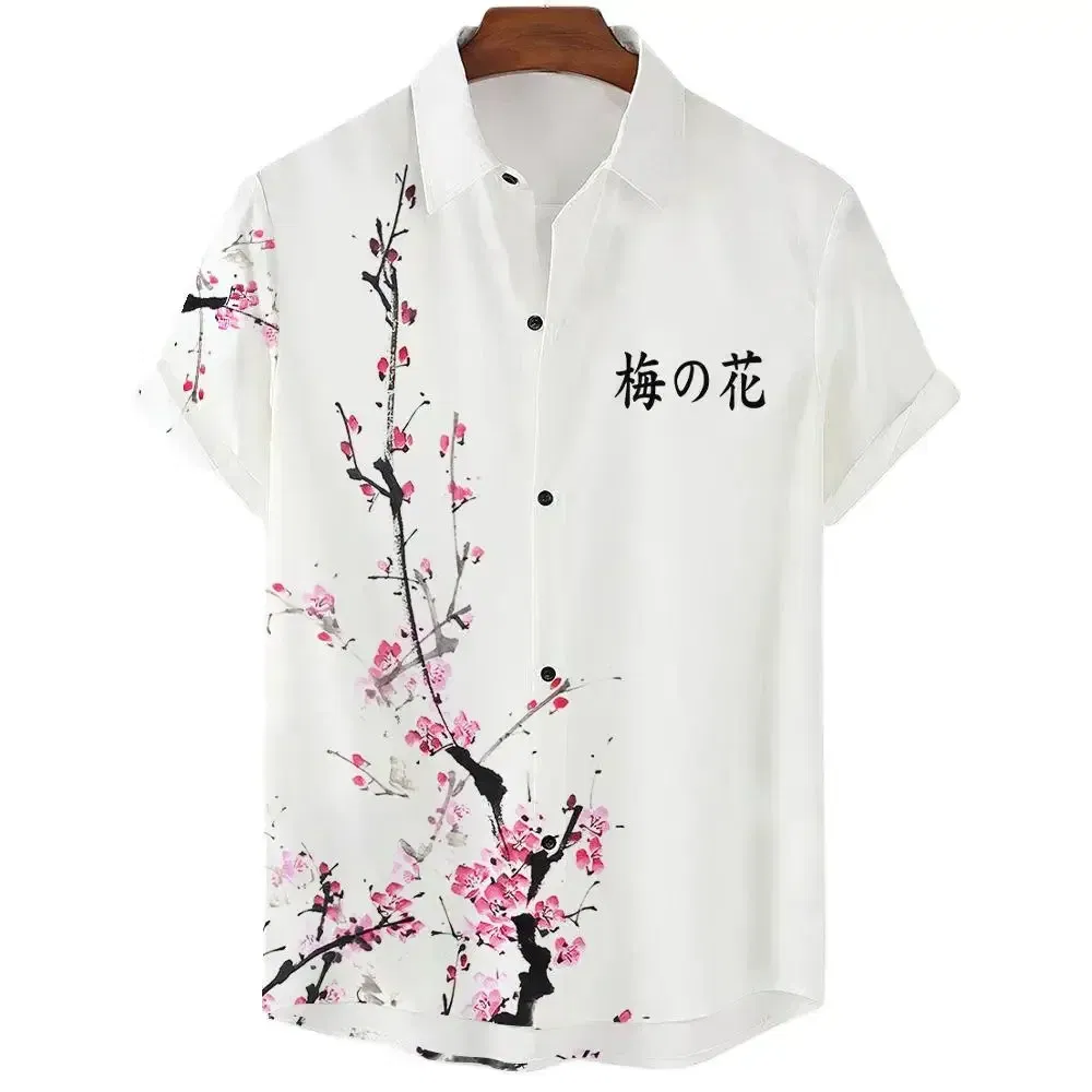 Color: PURPLE, Size: 5XL - Fashionable Luxury Social men's Shirt Lapel button-down Shirt Casual Japanese Aesthetic Cherry Blossom Print short-sleeved Tops