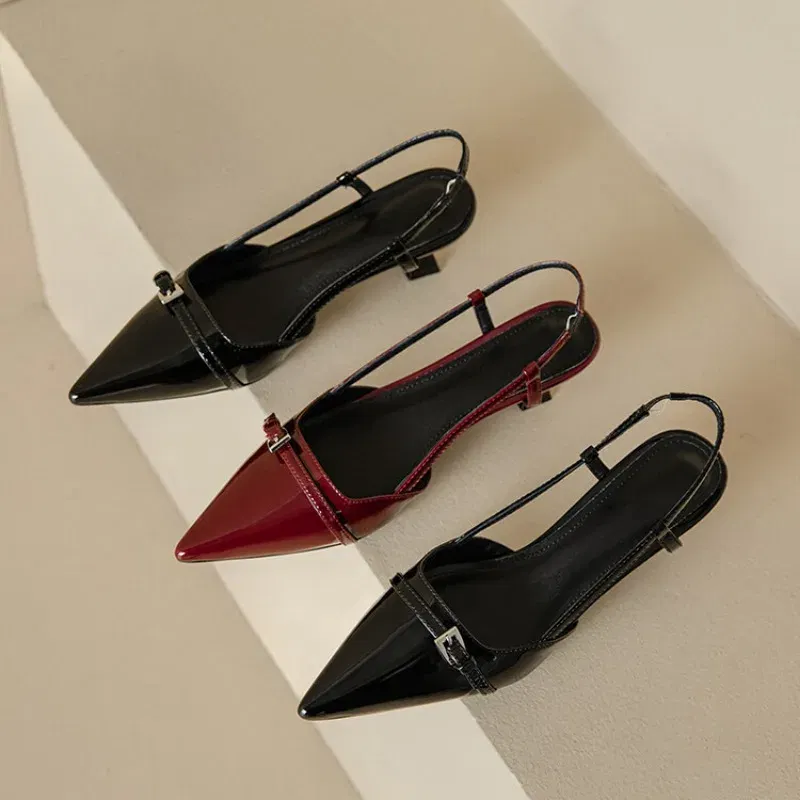 Color: black, Shoe Size: 38 - 2024 New Summer Women's Dress Shoes Patent Leather Slip on Pointed Toe Sandals Buckle Slingbacks Mid Heels Pumps Sandalias Mujer