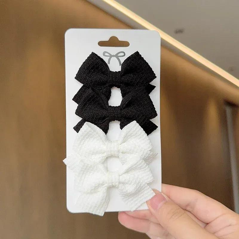 Color: PURPLE - 4PCS Soft Cotton Bow Hairpin Girl Sweet Plaid Design Hairpin Color Block Delicate Hairgripe Barrettes Kawaii Child Accessories