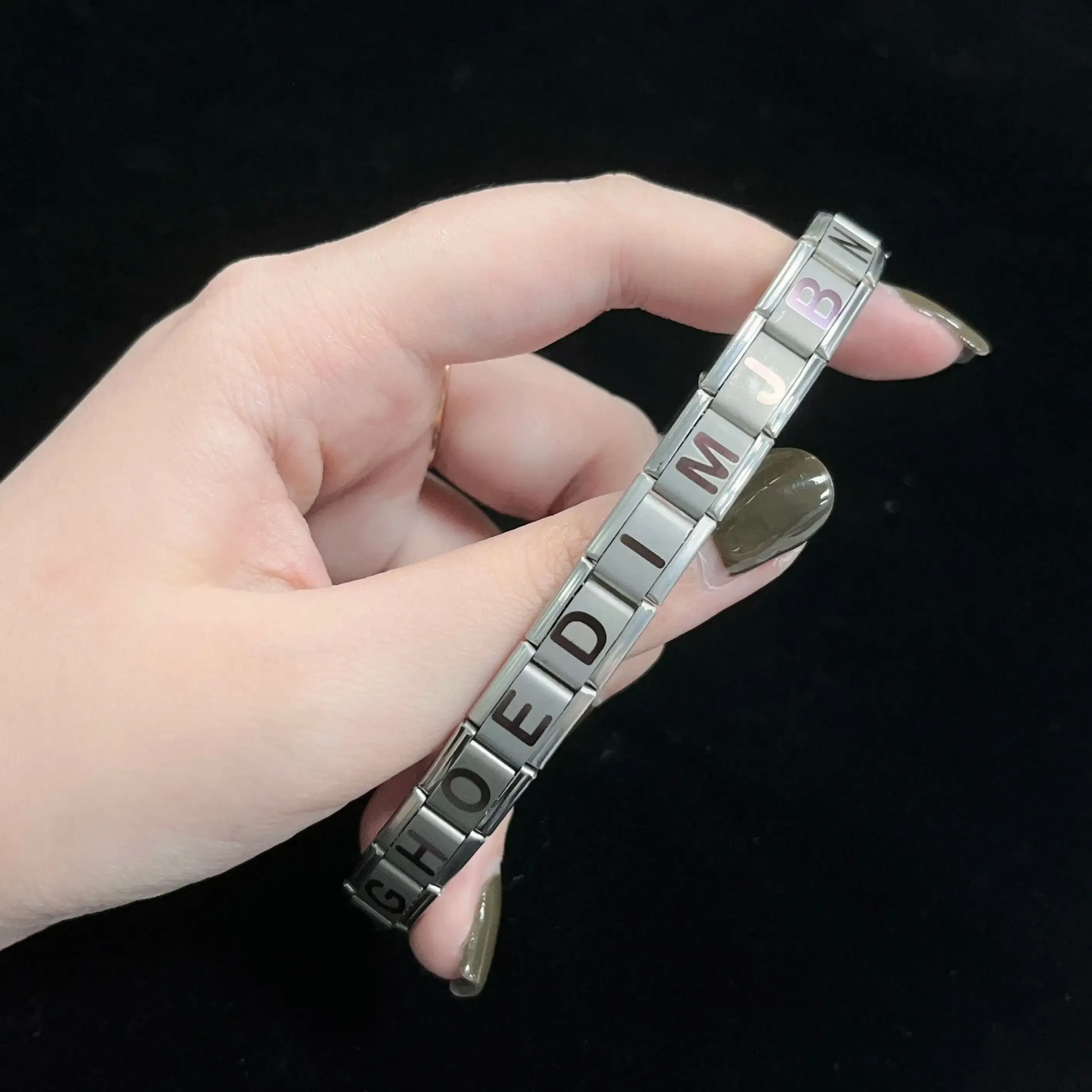 Metal Color: Hot Stamping, Main Stone Color: WHITE - New DIY Italian Charm 9mm Module Bracelet 26 English letter Stainless Steel Elastic Bracelets for Men and Women Gift