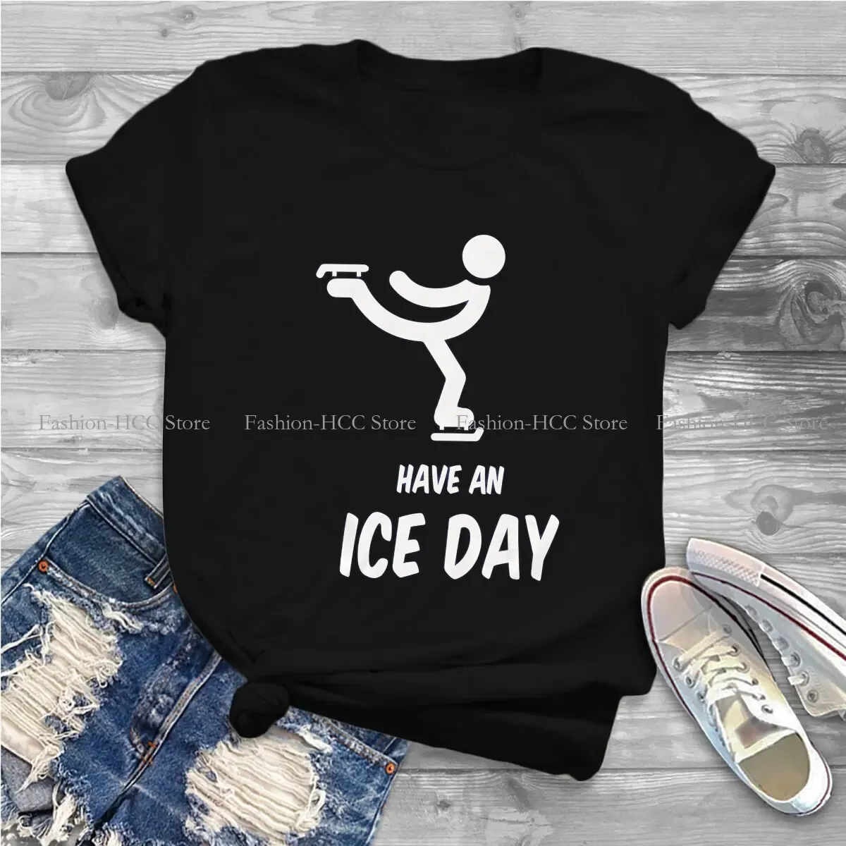 Color: black, Size: XXL - Have An Ice Day Round Collar TShirt Figure Skating Classic T Shirt Women Tops New Design