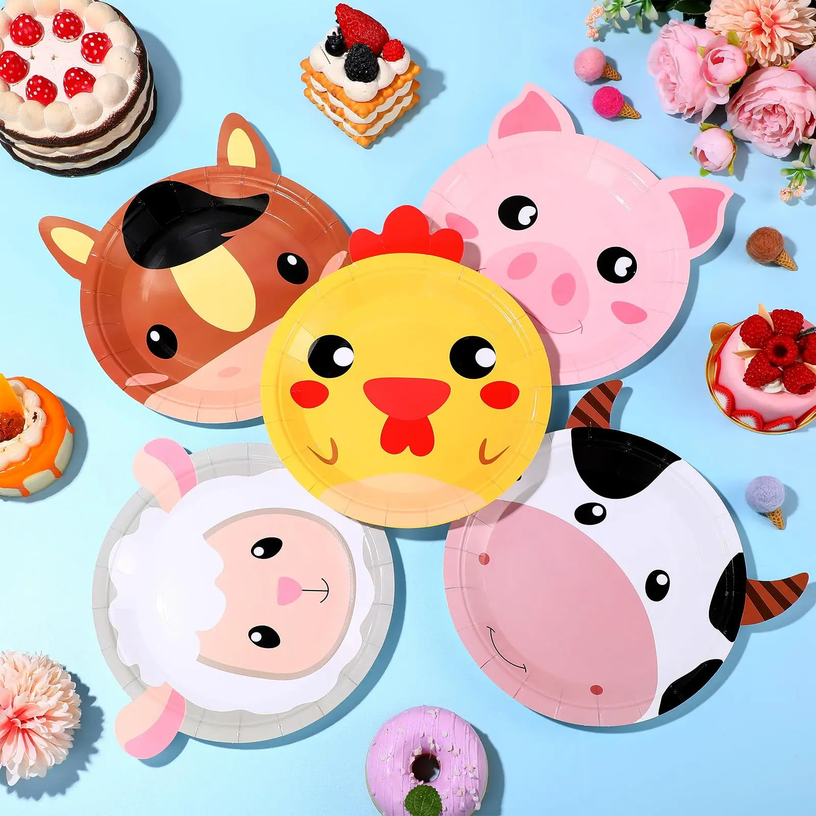 Color: Light Grey, Capacity: 220ml - Farm Animals Party Paper Plates Chicken Pig Cow Sheep Horse Disposable Plates Farm Birthday Party Supplies for Baby Shower