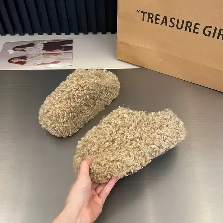 Color: black, Shoe Size: 37 - Thick Heel Luxury Lambwool Mules  Winter Shoes Woman Flip Flops Flat Cover Toe Slides Ins Warm Curly Lamb Fur Slippers Women