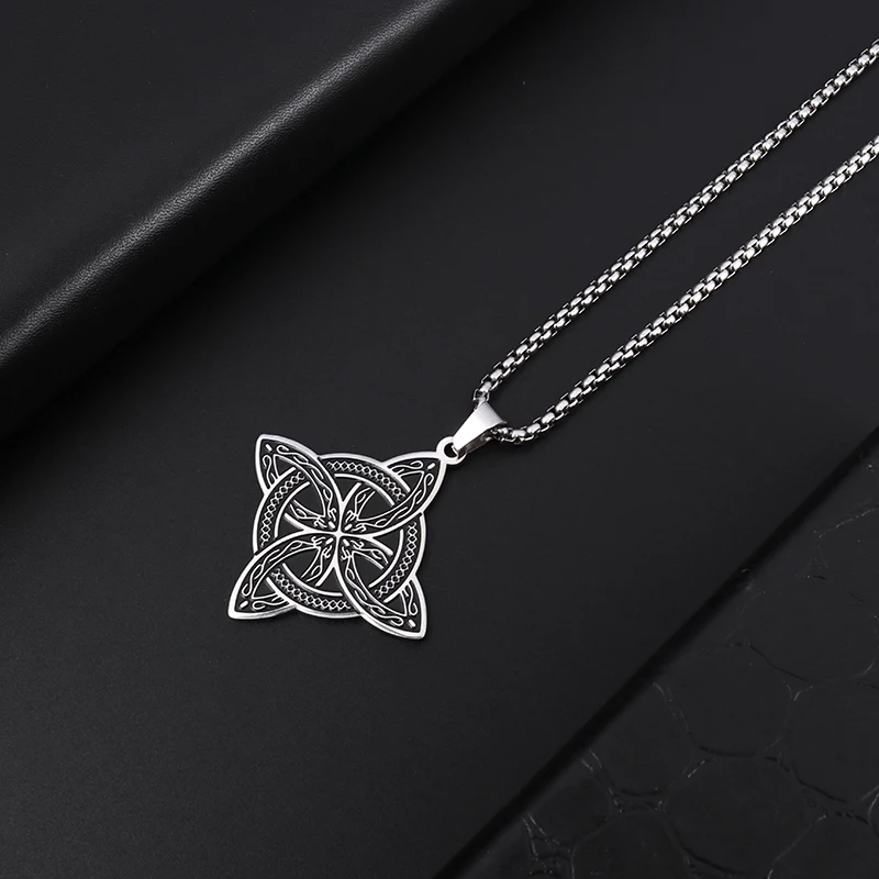 Metal Color: Rhodium Plated - Stainless Steel Silver Color Pattern Witch Knot Pendant Necklace Celtic Knot Lucky Jewelry Gift for Friends Family