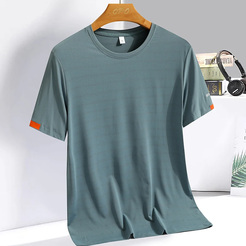 Color: Brown, Size: XXL - Men's Silk Ice Round Collar T-shirt, Simple Running Fitness Suit, Breathable Thin T-shirt, Quick Dry T-shirt, Summer