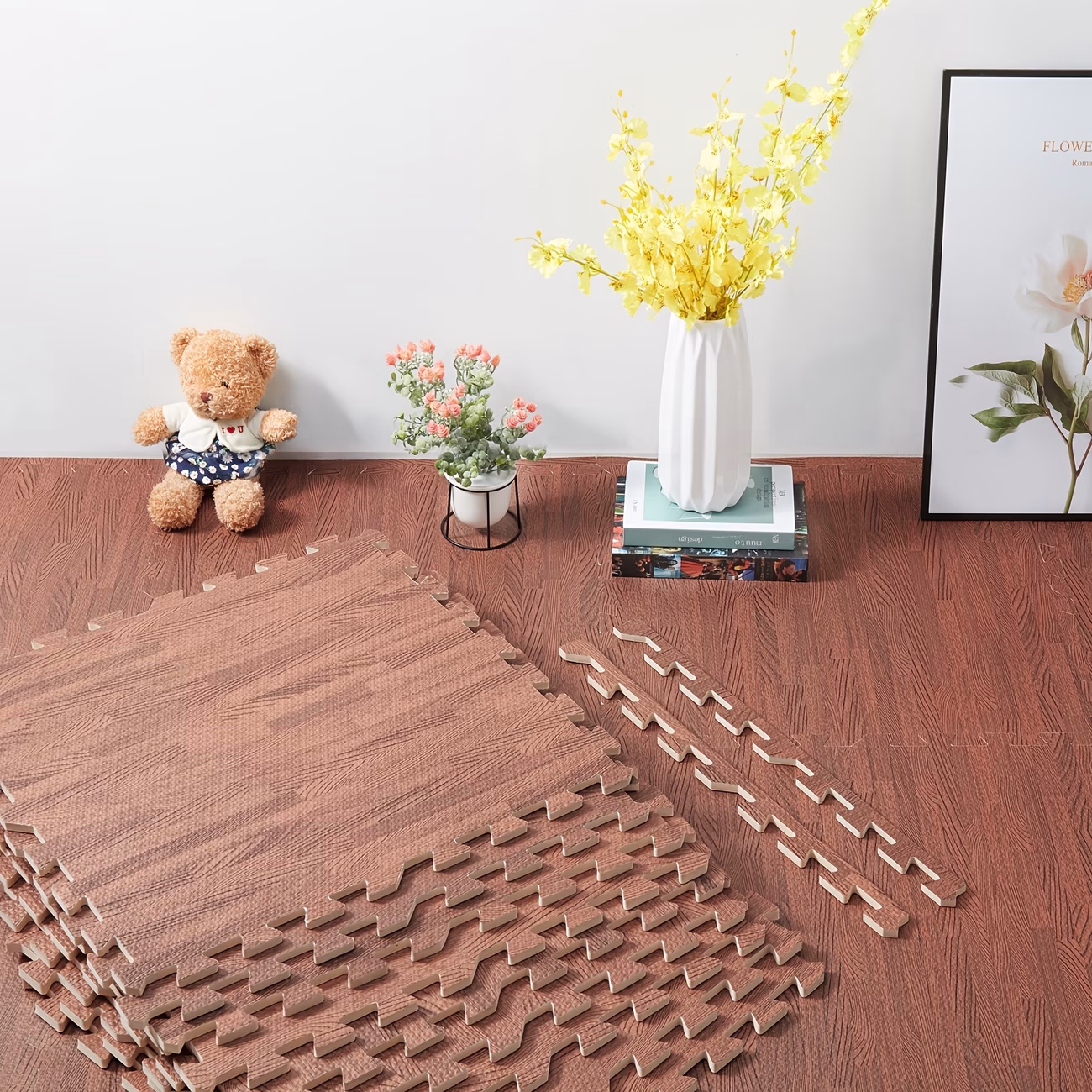 wisfor 12pcs Wood Grain Floor Mat Foam Squares – Stylish Interlocking Flooring Tiles for Home Décor