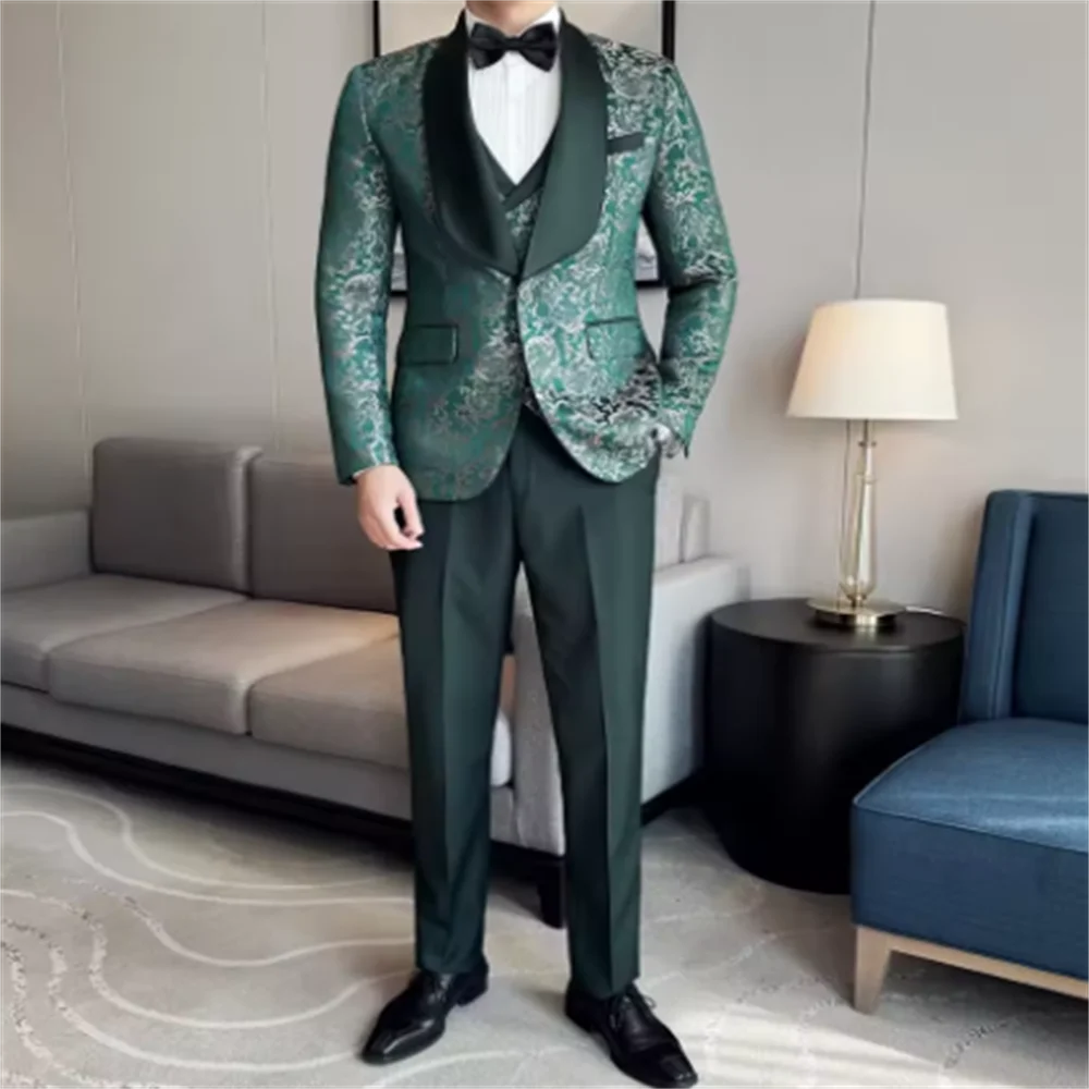 Color: green, Size: S - Green Men's Suit 3-Piece, Wedding Party Dress Jacket with Vest & Trousers, Asian Size Slim Men Sets, Beige Black Blue Available