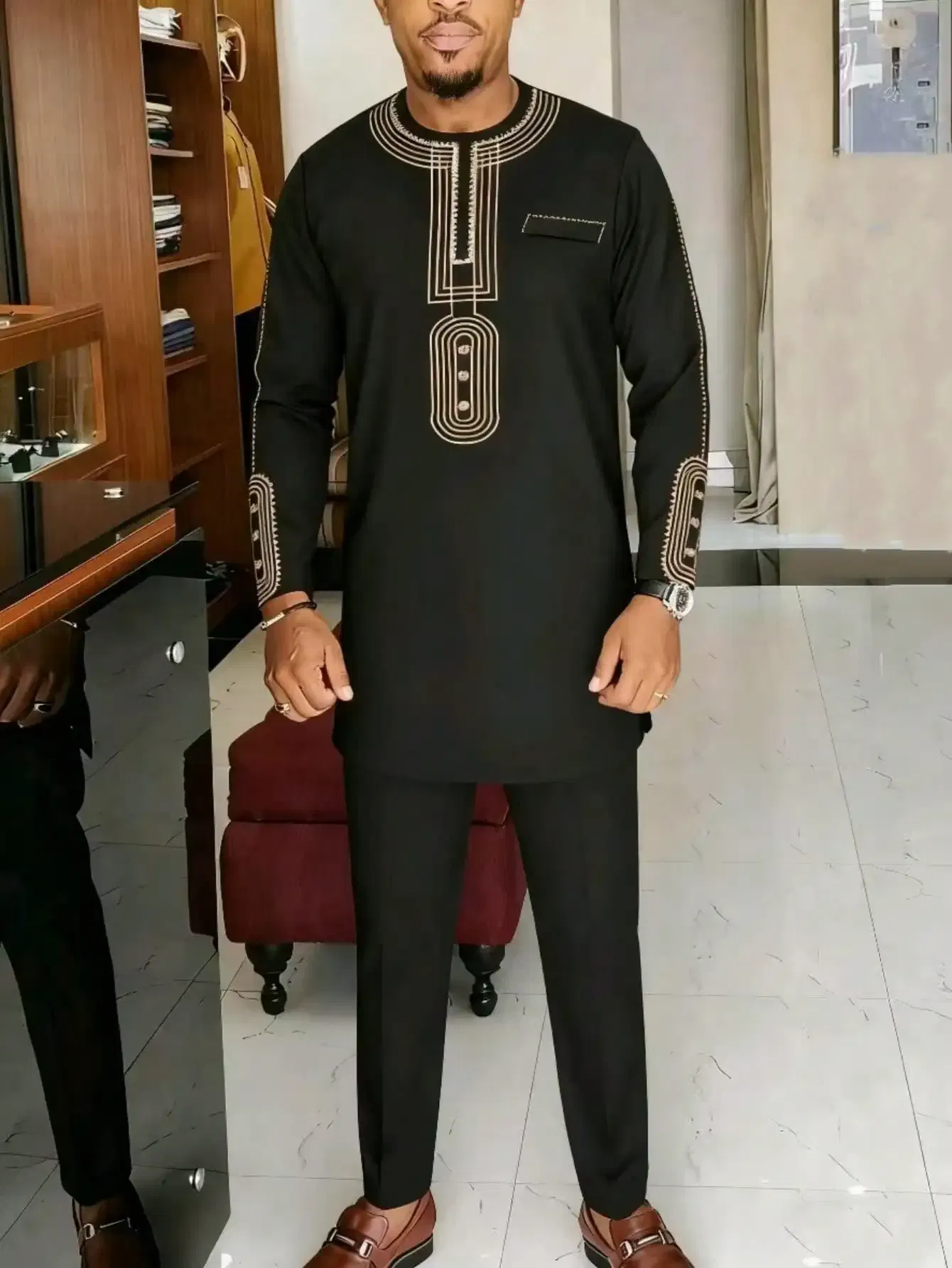 Color: black, Size: XXL - 2025 New men's suit, white pocket, 2-piece set, luxury wedding casual suit, traditional African style of ethnic minorities