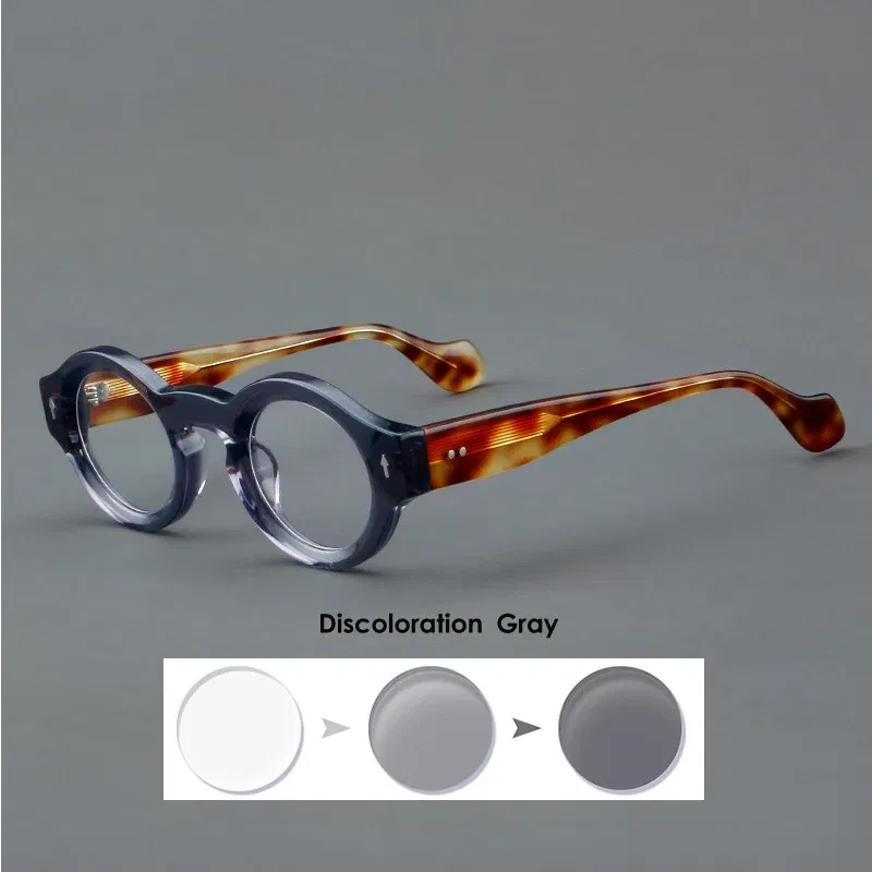 Frame Color: Yellow, Eye Prescription: +50 - VCKA Round Acetate Reading Glasses Frame Retro Men Prescription Anti-blue discolor Women Custom Optics Retro Eyewear +0.50to +10