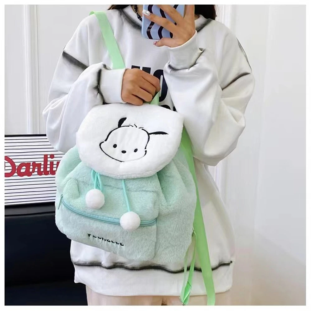 Color: green - Sanrio Kuromi Melody Cartoon Cute Puppy Plush Flip Backpack Women's Casual Large Capacity Cute kawaii Cartoon School Bag Mochila