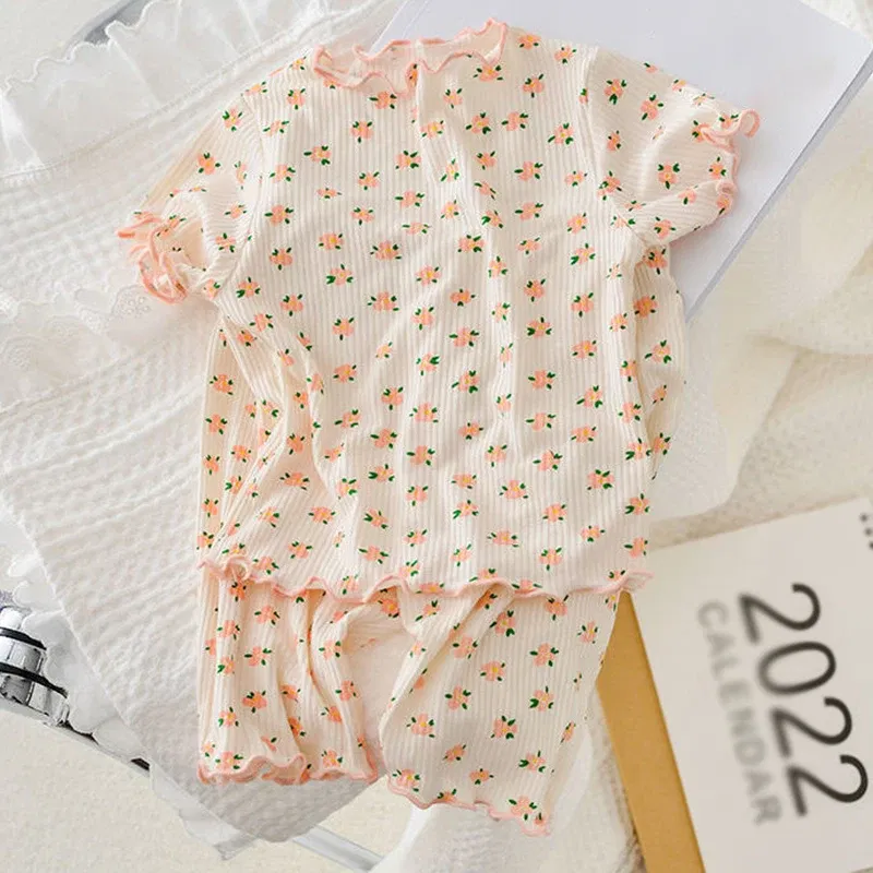 Color: Beige, Kid Size: 8 - Summer Printing Short-Sleeved Loungewear Suit Boys And Girls Pajamas Pants Two-Piece Set 2-6 Years Old Robe